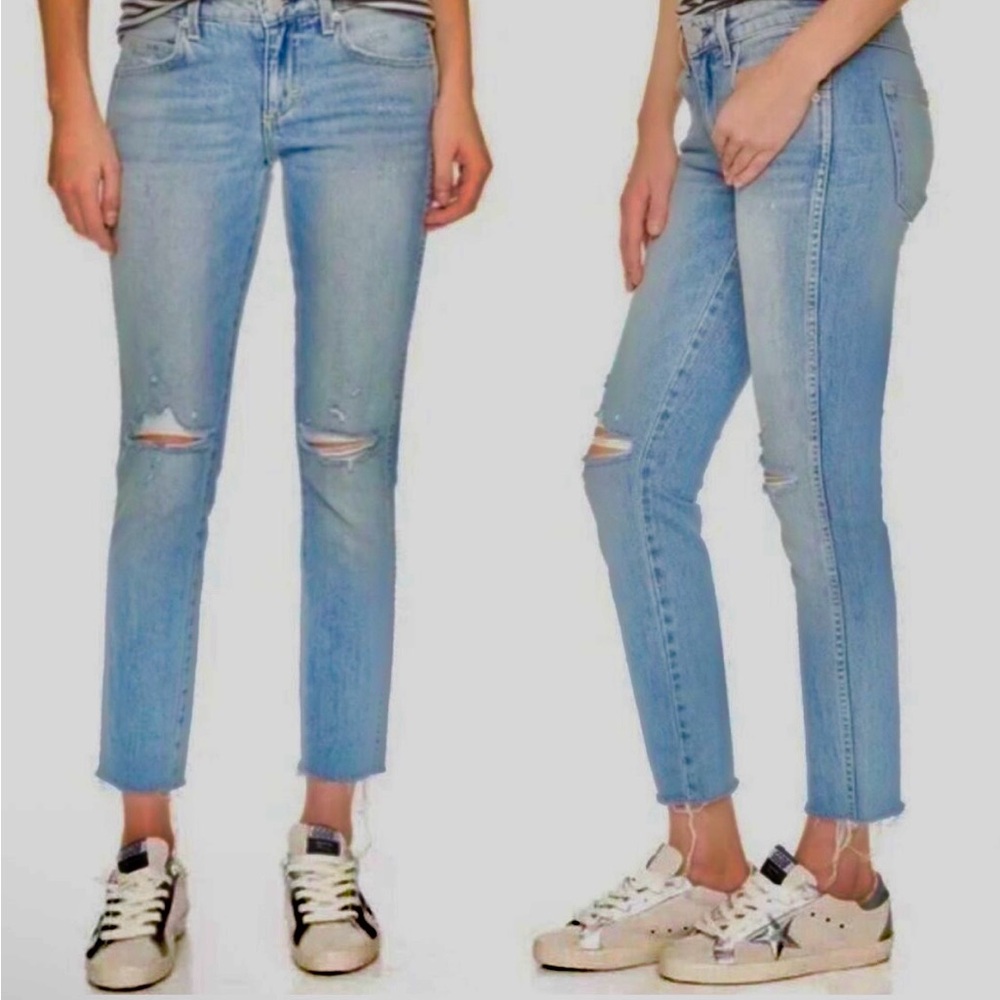 AMO Stix Mid-Rise Ankle Skinny Jeans | Women’s 29/ Distressed Blue Raw Hem